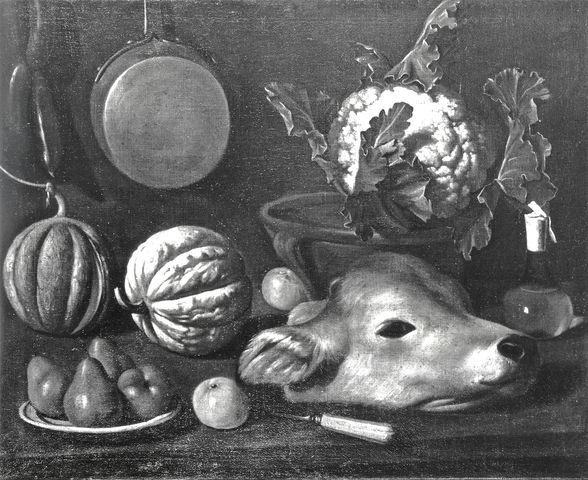 Anonimo — Magini Carlo - sec. XVIII/ XIX - Natura morta con testa di vitello, piatto di pere, meloni e cavolfiore — insieme